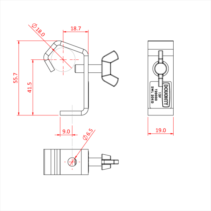 Doughty 18mm Light Duty Hook Clamp - Technical drawing clamp mechanism with precise dimensions outlined. - imagen 2