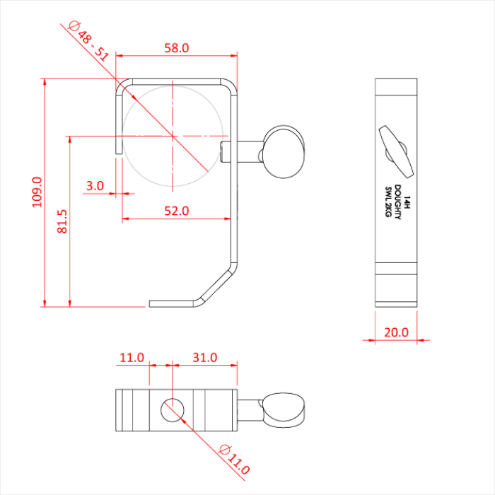 Doughty Hook Clamp 50mm Light Duty - Technical drawing of a pipe clamp with dimensions. - imagen 9