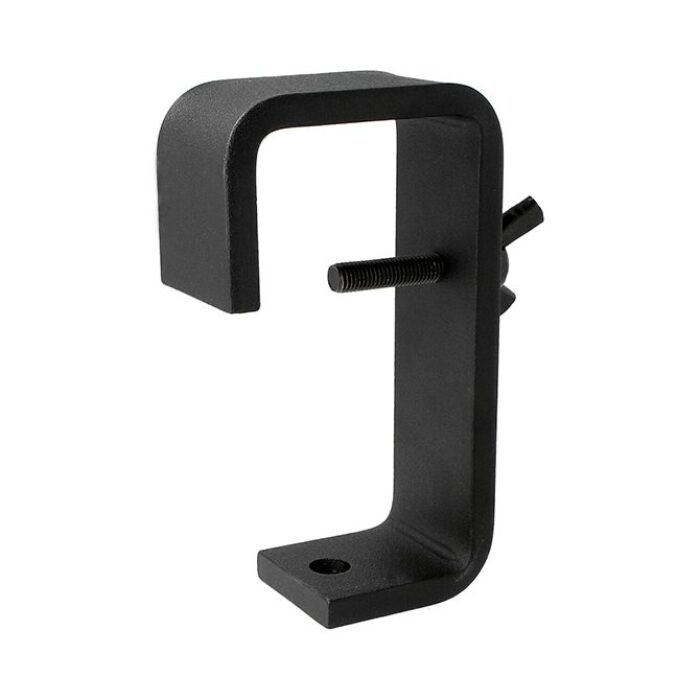 Doughty Engineering - Doughty 60-75mm Hook Clamp (Steel) - The image shows a black metal bracket with a C-shape. It features a threaded rod with a knob for tightening and securing the bracket. The bottom part has a hole possibly for mounting or additional attachments. This type of bracket is often used in clamping applications, such as securing items to a table. - T21805 - imagen 4