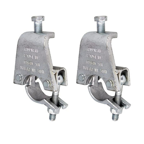 Doughty Gravlock Couplers T29497, pair of S275 mild steel girder clamps with passivate finish, Grade 8.8 fixings, for attaching 48mm tube to steel I-beam flanges.