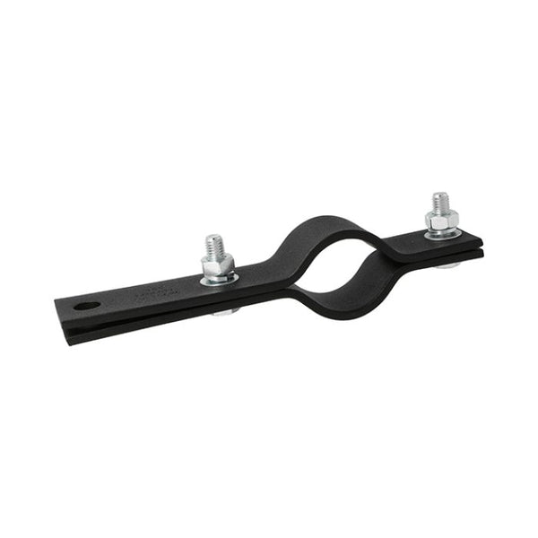 Doughty Hanging Clamp 48mm - Black metal pipe clamp with bolts and nuts.