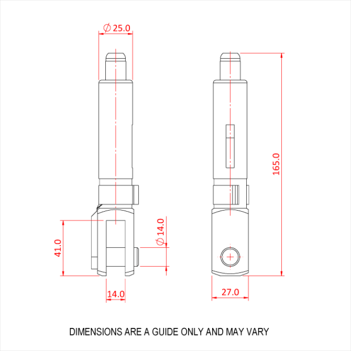 Doughty 50SV III ZW with Fork-Side Exit Wire - Linear actuator technical drawing with dimensions marked in red. - imagen 4