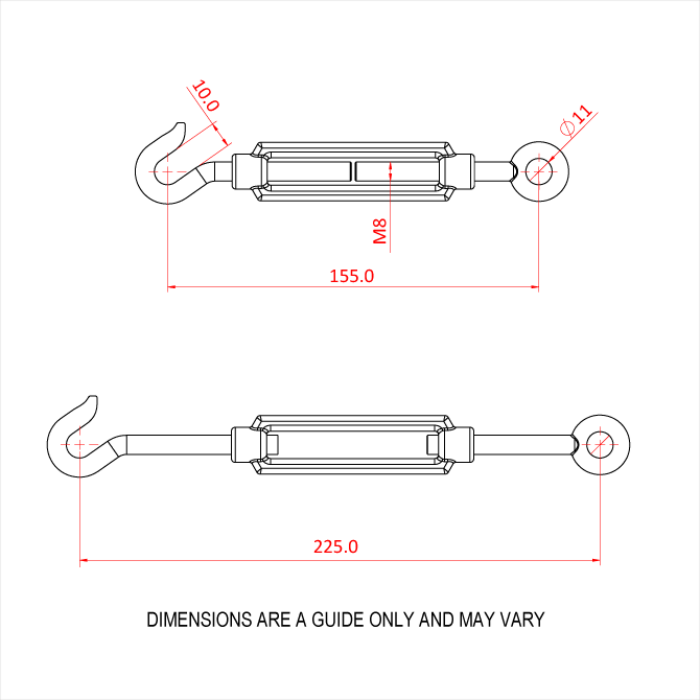 Doughty Hook and Eye Strainers - Hook and eye turnbuckle with specified dimensions. - imagen 2