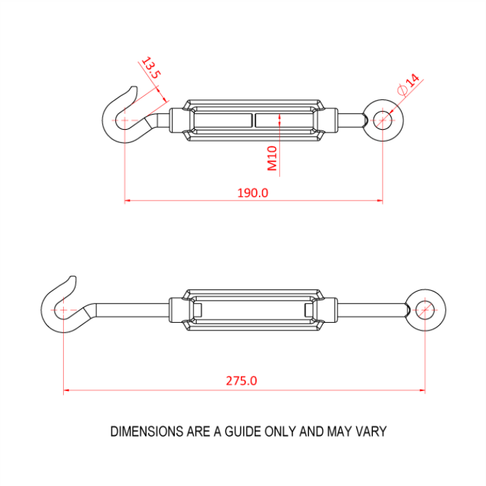 Doughty Hook and Eye Strainers - Metal turnbuckle hook and eye with dimensions. - imagen 3