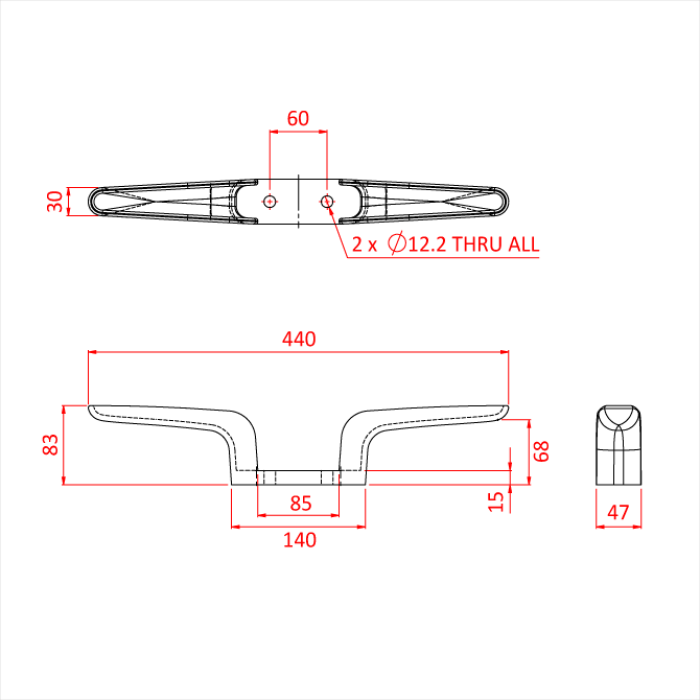 Doughty Flyrail Cleats - Steel cleat technical drawing with dimensions and specifications. - imagen 3