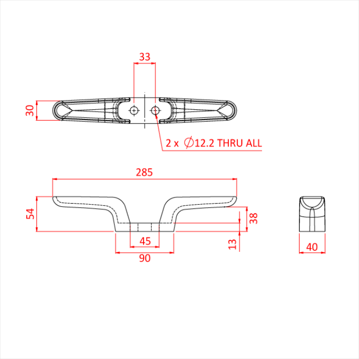 Doughty Flyrail Cleats - Stainless steel boat cleat with detailed dimensions. - imagen 4