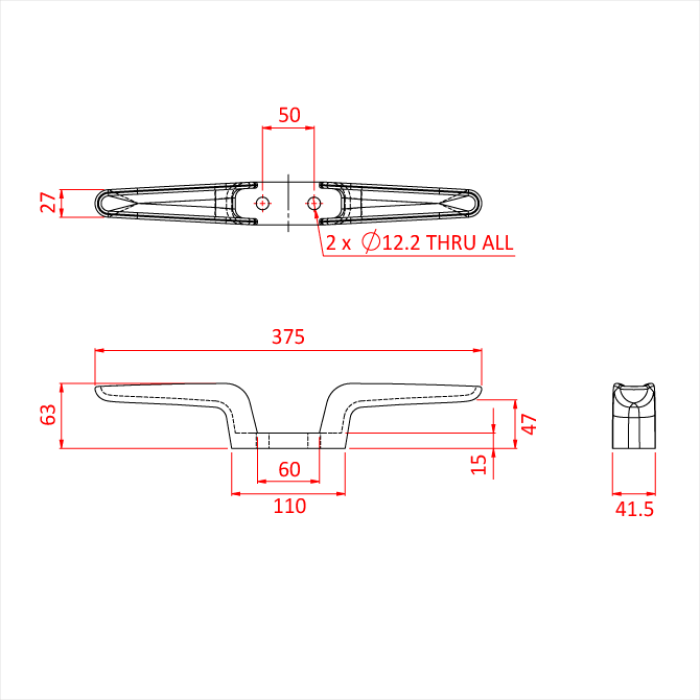 Doughty Engineering - Doughty Flyrail Cleats - The image displays a technical drawing of a cleat with dimensions labeled in millimeters. It includes a top view, side view, and end view. The top view shows a length of 375 mm, with two central holes, each 12.2 mm in diameter. The side view highlights a height of 63 mm, and the end view illustrates a width of 41.5 mm. Various other detailed measurements are marked to aid in manufacturing or inspection. - T41904 - imagen 5