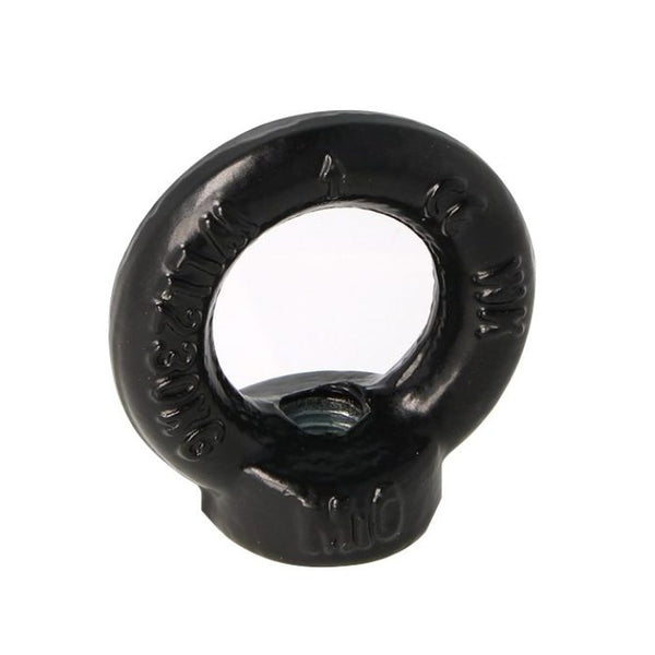 Doughty Engineering - Doughty M10 Eye Nuts. Black metal lifting eye nut with a threaded hole. It has embossed markings around the circular part, indicating specifications.