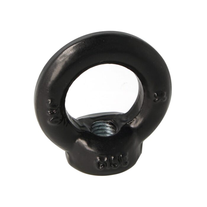 Doughty Engineering - Doughty M12 Eye Nuts - The image shows a black metal eye bolt with a circular loop on top and a threaded hole at the bottom. The bolt is designed for heavy-duty use, featuring embossed numbers or letters on its surface. It appears sturdy and industrial, suitable for lifting or securing applications. - T42300 - imagen 4