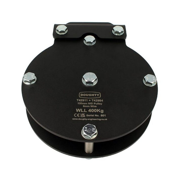 Doughty Engineering - Doughty Heavy Duty Awning Brackets - The image shows a Doughty 150mm heavy-duty pulley designed for 6mm wire, with a working load limit of 400 kg. It features a robust black metal construction with multiple bolts for stability and strength. The product details, including serial number and certification marks, are printed on the surface. - T42984