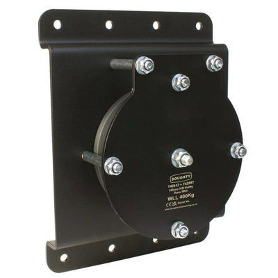 Doughty Heavy Duty Pulley-Wall Mounting Plates - Heavy-duty black wall-mounted pulley system, 400kg capacity.