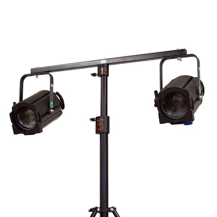 Doughty Engineering - Doughty Lantern Tee Bar (Supplied with Lamp Fixings) - The image shows a lighting setup featuring two stage lights mounted on a horizontal bar attached to a vertical stand. The lights are positioned at angles for optimal coverage. The design is suitable for event or theatrical use and appears sturdy and adjustable. - T43000 - imagen 3