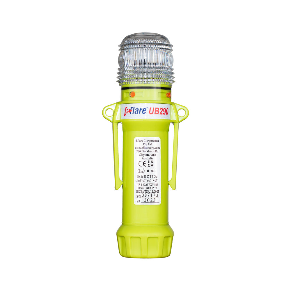 Eflare UB290 Series LED Safety Beacon, side view showing battery compartment and product label - imagen 2