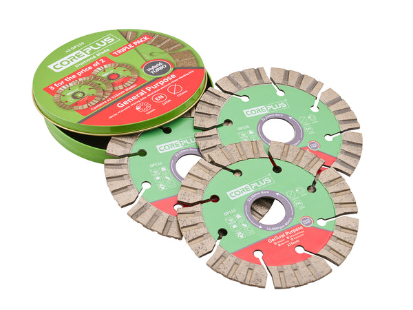 Coreplus - Coreplus 115mm Diamond Cutting Blades (3 Pack) - CorePlus diamond blades triple pack with protective tin.