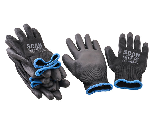 Scan - Scan PU Gloves (5 Pairs) - Black protective gloves with blue cuffs, safety markings.
