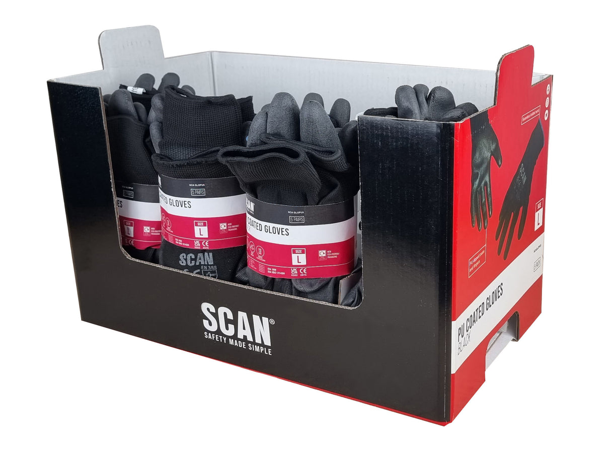Scan - Scan PU Gloves (5 Pairs) - Black protective gloves with blue cuffs, safety markings. Pack of 16. - imagen 2