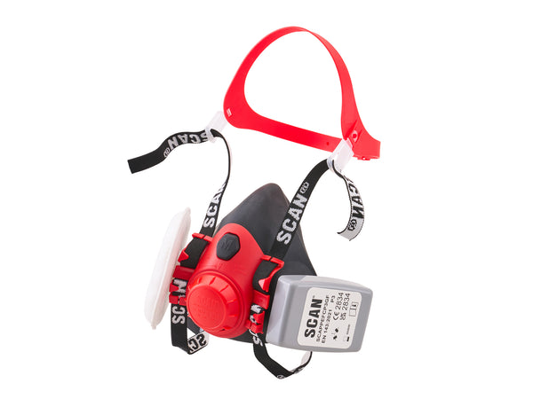 Scan - Scan Respirator with P3 Filters - Red and black protective respirator mask with filters.
