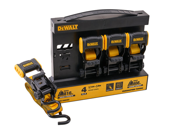 DeWalt - DeWalt 4 Piece Ratchet Strap Set - DeWalt ratchet straps set with storage rack.