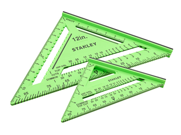 Stanley - Stanley 175 & 300mm (7 & 12in) Hi-Vis Square Twin Pack - Stanley green triangular rulers with measurement markings.
