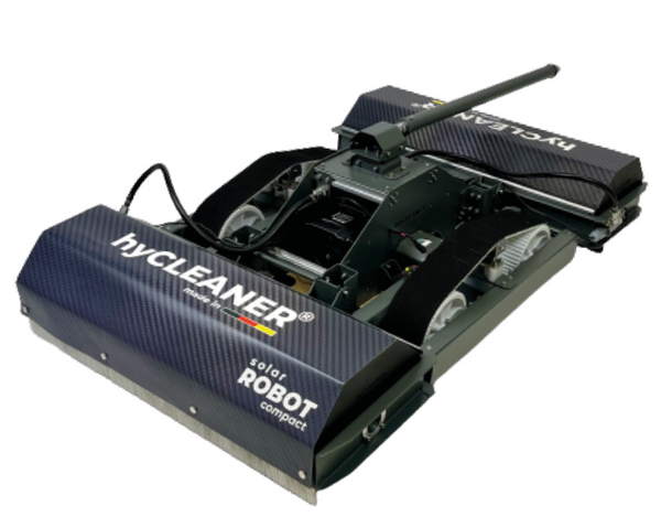 Robotic lawn mower with 'hycleaner' branding on a white background