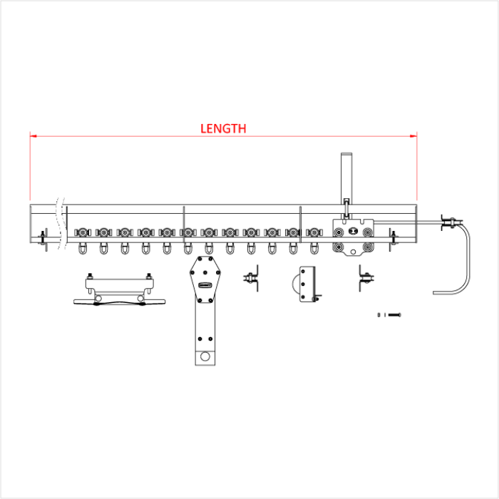 Doughty SixTrack line operated curtain track kit — technical diagram showing full system length with ball raced runners, master runner, adjustable support bracket, pulleys, line support and weighted hand pulley. - imagen 2