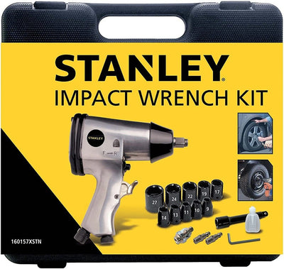 Stanley impact wrench kit with tools and accessories on a yellow background