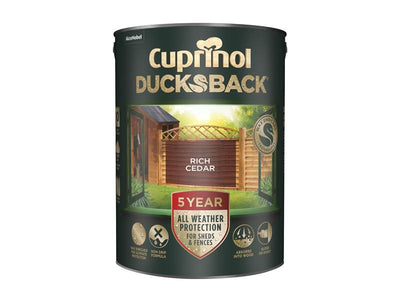 Cuprinol Ducksback 5 Year Waterproof for Sheds & Fences Rich Cedar 5 litre – – Now available at MTN Shop UK.