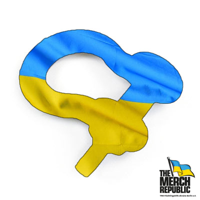 The invisible shackle. Shackle shaped Ukraine flag with blue and yellow colours