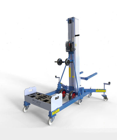 Kuzar Industrial Lifter 300kg/5.2m with 100kg Counter Weight & Basket - HAMMER 56CW – Kuzar lifter 300KG- a robust industrial stacker with Counter Weight basket and 100kg of weight included. Made in Spain, the HAMMER 56CW Lifter has been designed for vertically lifting loads, and horizontal movements with the load lifted at minimum height. This lightweight stacker with an impressive 300kg capacity has high-quality wheels for easy movement and a powerful winch for efficient lifting whilst remaining compact a