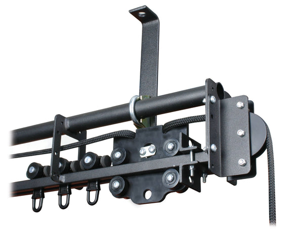 Doughty SixTrack line operated curtain track — close-up of master runner, pulleys and ball raced runners assembled on straight track section