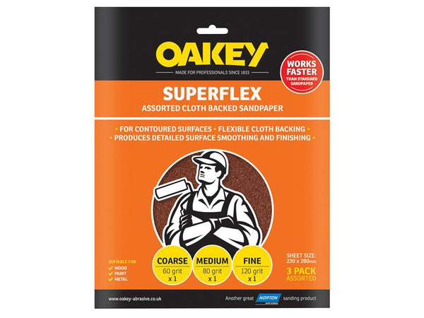 Oakey Superflex Cloth Backed Aluminium Oxide Sheets 230 x 280mm Assorted (3) – – Now available at MTN Shop UK.