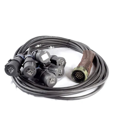 Stage Cable 19way Plug to 6 x 16A Sockets - Standard Length 2.5mm – 13Amp to Powercon Mains Lead with Black 1.5mm PVC Cable & fitted with a 13Amp Cable Plug & a Powercon 20Amp Cable Socket Blue - 2 metre long – Now available at MTN Shop UK.