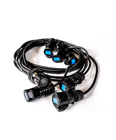 Stage Cable 19way Plug to 6 x 16A Sockets - Staggered Length 1.5mm – 13Amp to Powercon Mains Lead with Black 1.5mm PVC Cable & fitted with a 13Amp Cable Plug & a Powercon 20Amp Cable Socket Blue - 2 metre long – Now available at MTN Shop UK.