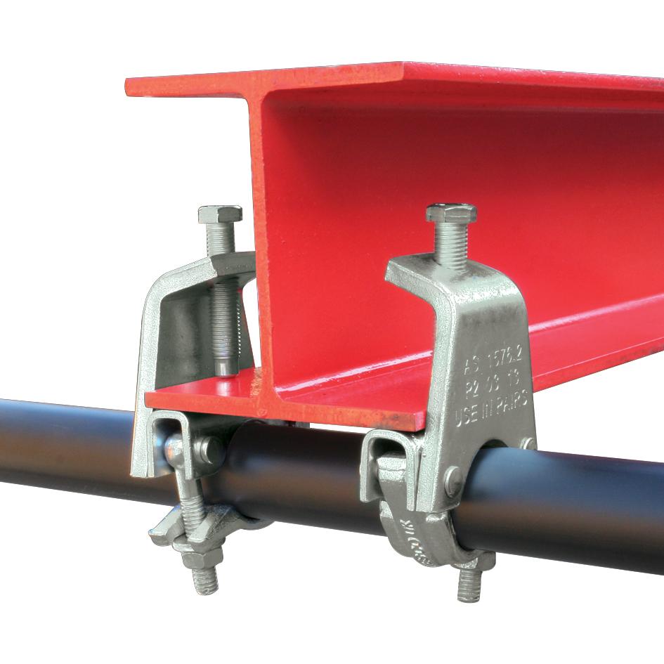 Doughty Gravlock Couplers T29497, pair of steel gravlock couplers attaching a 48mm black tube to a red steel I-beam flange in a stage or structural installation. - imagen 2