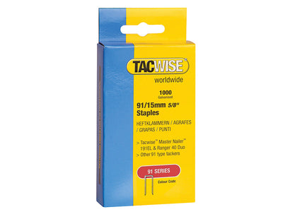 Tacwise 91 Narrow Crown Staples 15mm - Electric Tackers (Pack 1000) – – Now available at MTN Shop UK.