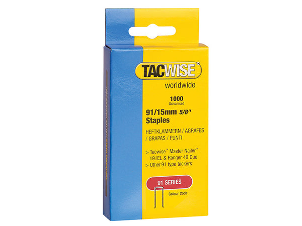 Tacwise 91 Narrow Crown Staples 15mm - Electric Tackers (Pack 1000) – – Now available at MTN Shop UK.