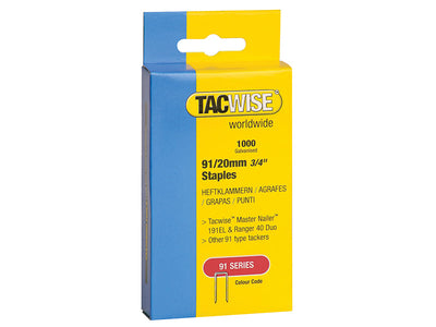 Tacwise 91 Narrow Crown Staples 20mm - Electric Tackers (Pack 1000) – – Now available at MTN Shop UK.
