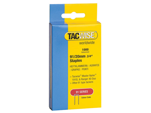 Tacwise 91 Narrow Crown Staples 20mm - Electric Tackers (Pack 1000) – – Now available at MTN Shop UK.