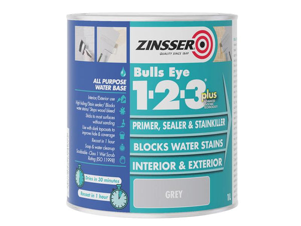 Zinsser Bulls Eye® 1-2-3 Plus Primer, Sealer & Stain Killer Grey 1 litre – – Now available at MTN Shop UK.