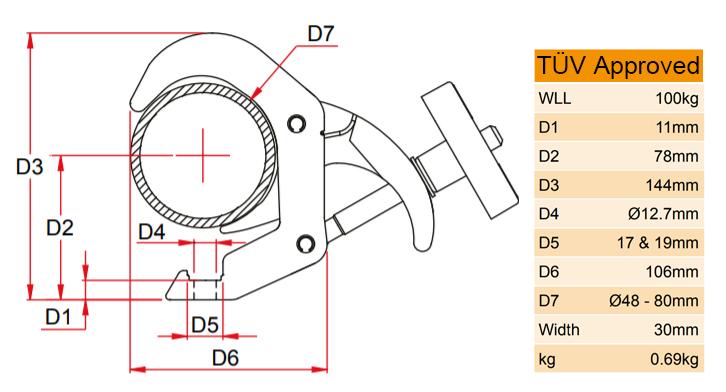 Doughty Quick Trigger Clamp 48-80mm (TÜV Certified) – Fit ⌀48-80mm Tube. Constructed from high tensile aluminum. A large Easy-grip handle is fitted for ease of use. Width: 30mm. Fast & Int' Shipment – Now available at MTN Shop UK. - imagen 3