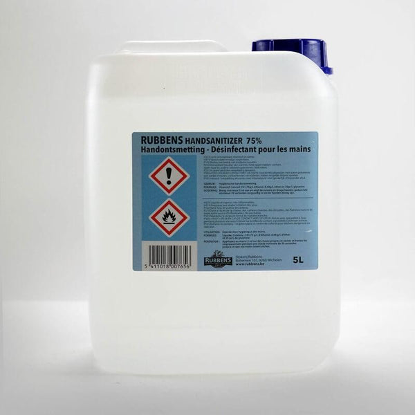 Hand Sanitizer 5L - 75% Ethanol – This water-based liquid hand sanitiser contains an alcohol percentage of 75% and 2% glycerine. Produced at Rubbens Distillery, according to WHO instructions and licensed by FAMHP. – Now available at MTN Shop UK.