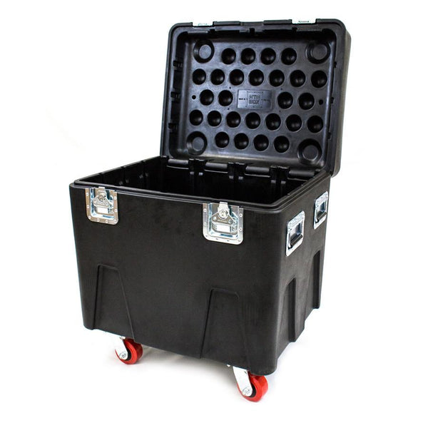 Black road case with wheels on a white background