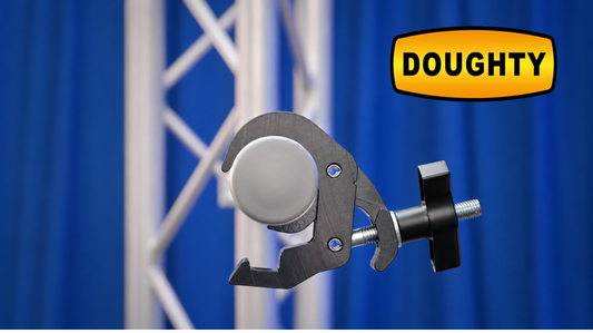 Doughty clamp gripping a round truss tube against a blue stage backdrop, with the Doughty logo in the upper right.