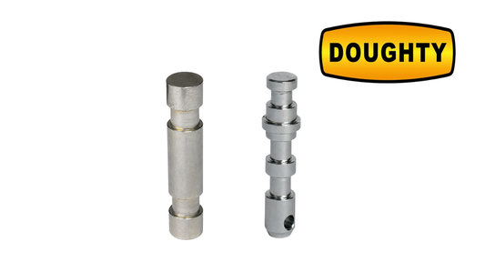 Doughty product image showing two metal lighting spigots, including a plain female-thread spigot and a stepped 16mm adapter spigot, beside the Doughty logo.