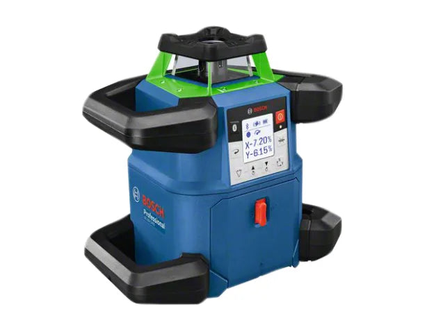 Bosch Professional rotary laser level with digital display and protective rubber guards.