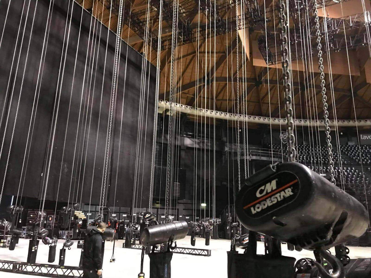 CM Lodestar chain hoists rigged above a stage