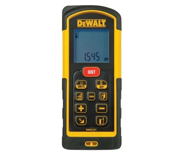 DEWALT laser distance measurer with digital screen and measurement buttons.