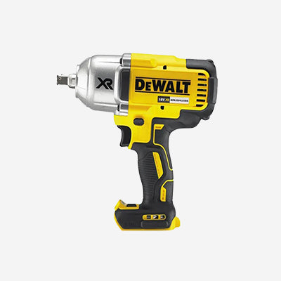 DEWALT XR cordless impact wrench with a yellow and black body and a metal front casing, shown without the battery