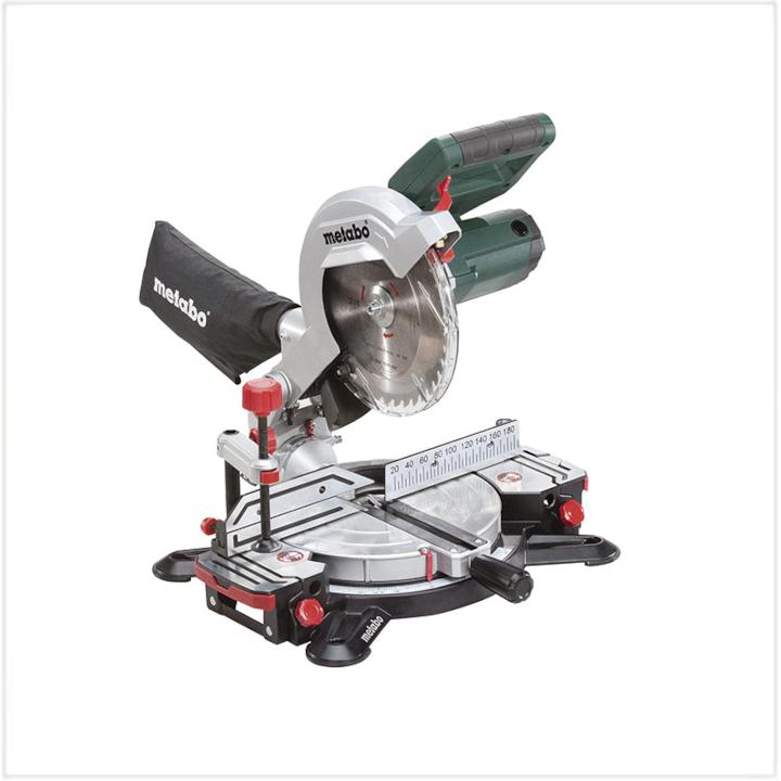 Powered Saws– Metabo compound miter saw with adjustable angles and precise cutting measurements.