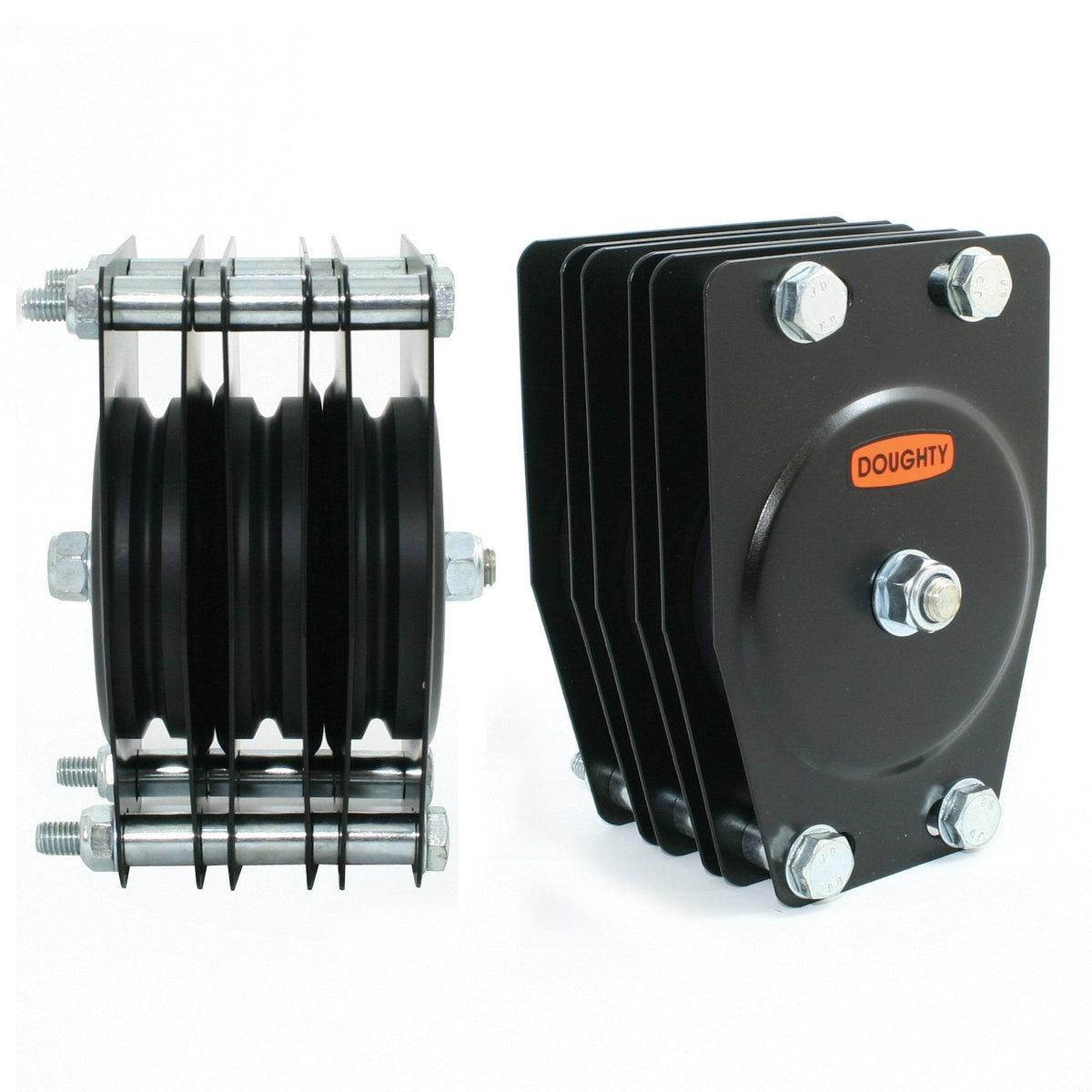 Doughty stage pulleys — triple sheave loft block and head block for theatrical counterweight fly systems